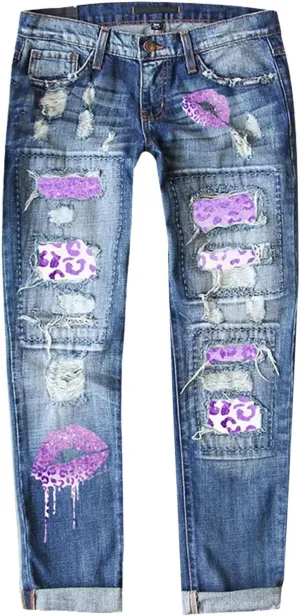Muyise Boyfriend Jeans for Women Patchwork Distressed Casual Ripped Jeans Stretch Straight Leg Denim Trousers with Pockets
