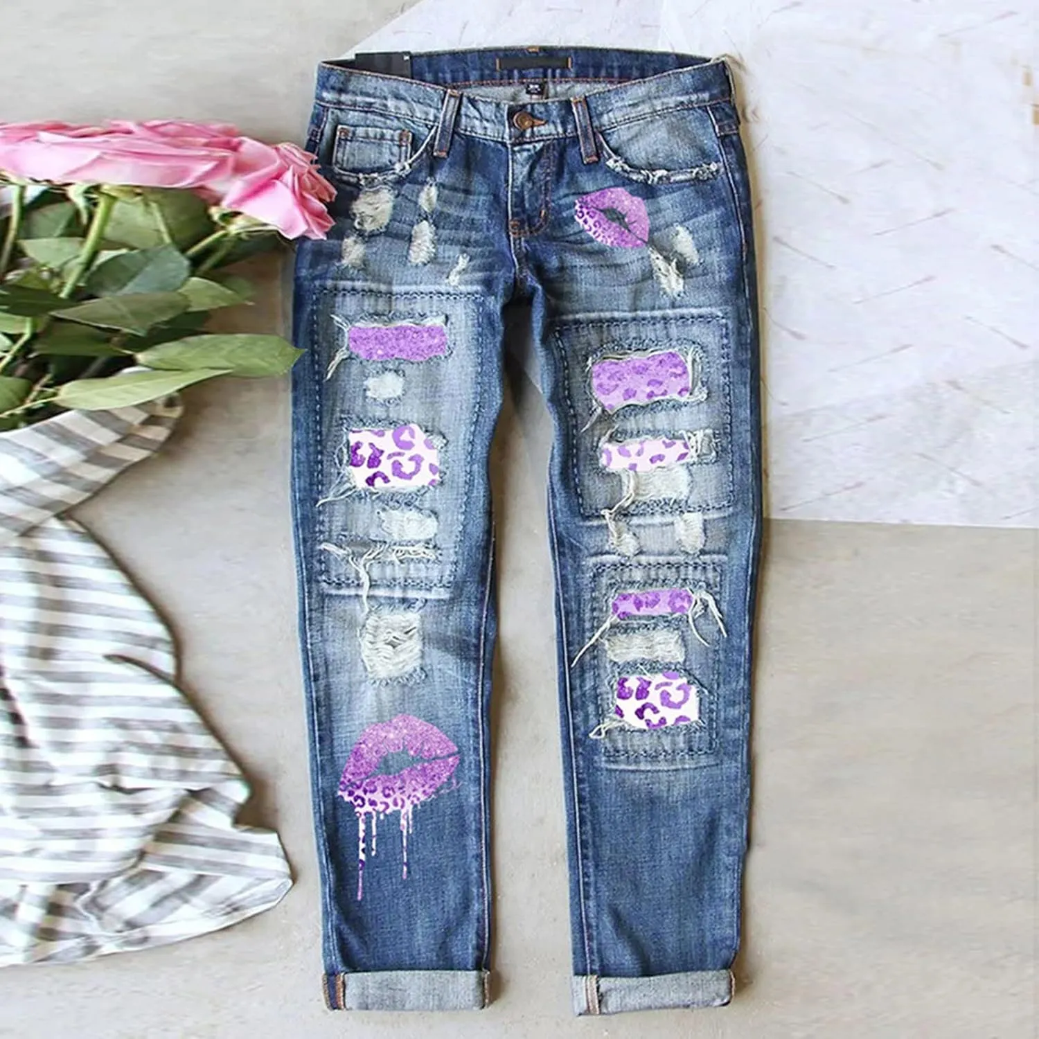 Muyise Boyfriend Jeans for Women Patchwork Distressed Casual Ripped Jeans Stretch Straight Leg Denim Trousers with Pockets