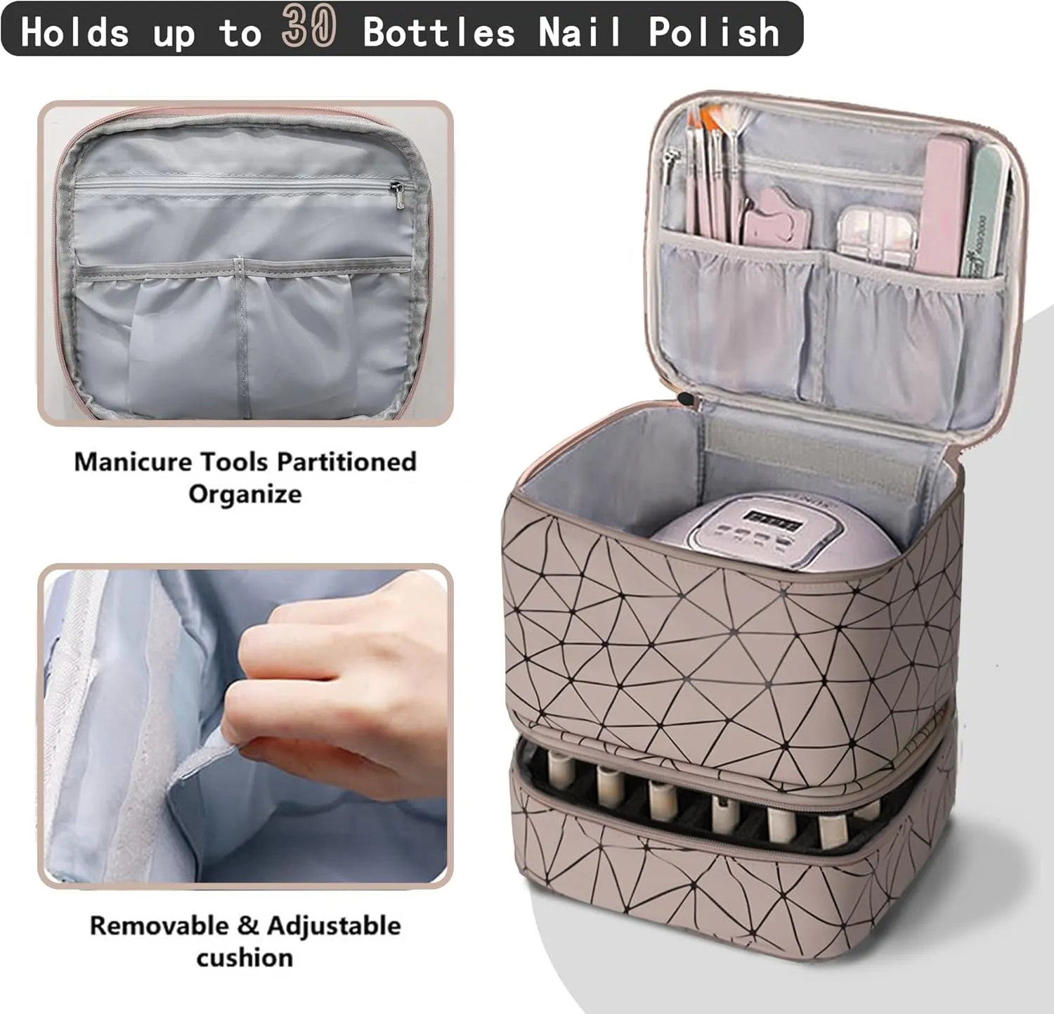 Nail Polish Organizer Bag, PU Leather Organizer for 30  Bottles (15ml/0.5fl.oz) and Nail Lamp, Double-Layer Nail Stuff Carrying Bag (Pink, 30-Bottles)