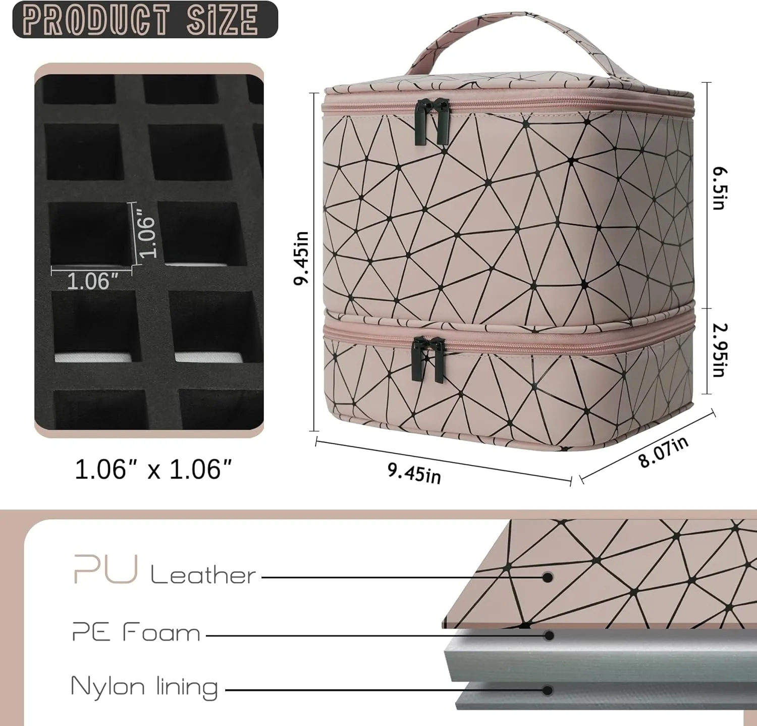 Nail Polish Organizer Bag, PU Leather Organizer for 30  Bottles (15ml/0.5fl.oz) and Nail Lamp, Double-Layer Nail Stuff Carrying Bag (Pink, 30-Bottles)