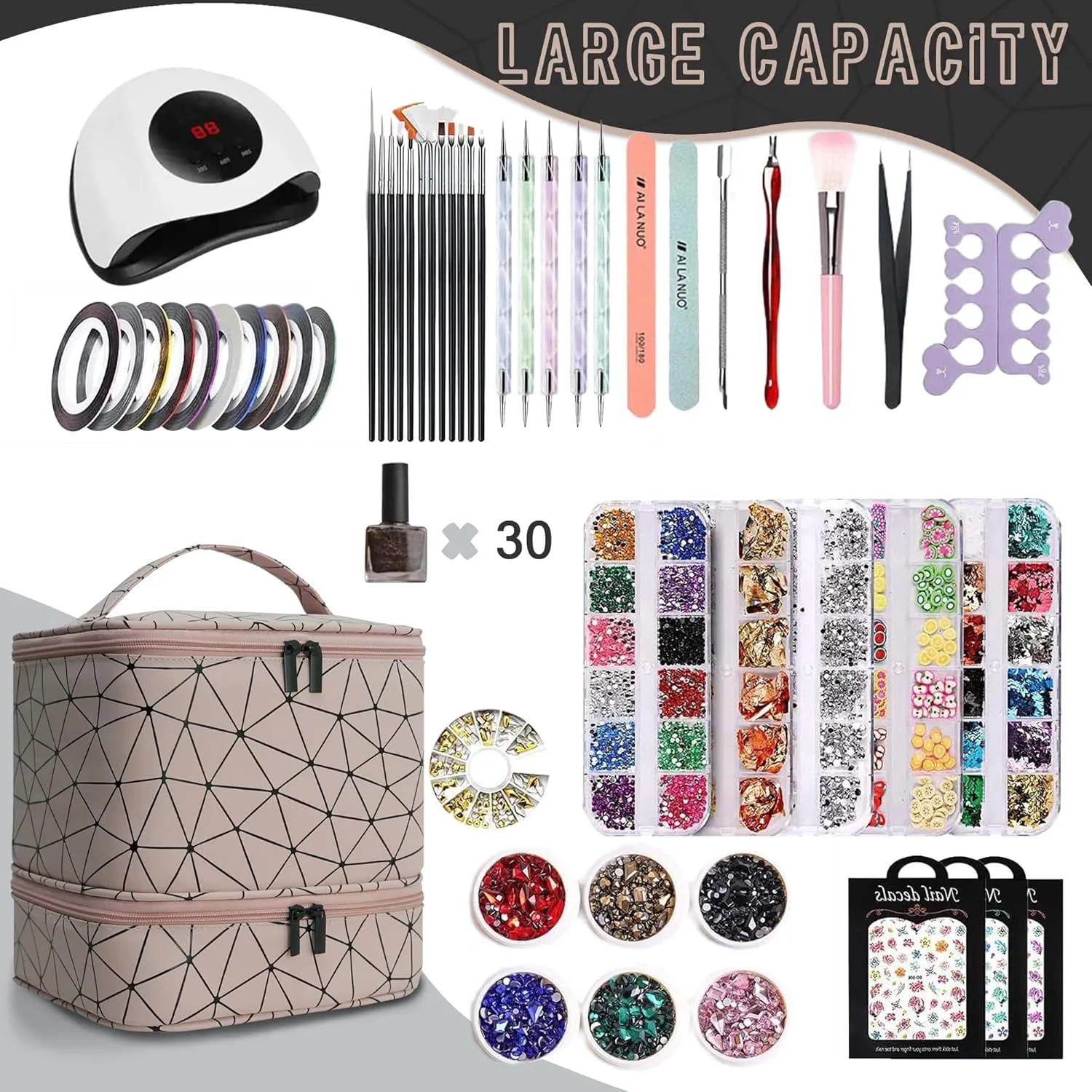 Nail Polish Organizer Bag, PU Leather Organizer for 30  Bottles (15ml/0.5fl.oz) and Nail Lamp, Double-Layer Nail Stuff Carrying Bag (Pink, 30-Bottles)