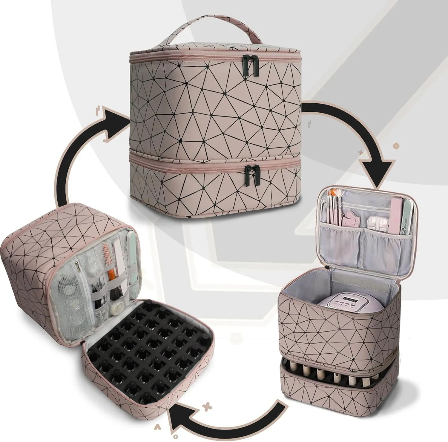 Nail Polish Organizer Bag, PU Leather Organizer for 30  Bottles (15ml/0.5fl.oz) and Nail Lamp, Double-Layer Nail Stuff Carrying Bag (Pink, 30-Bottles)