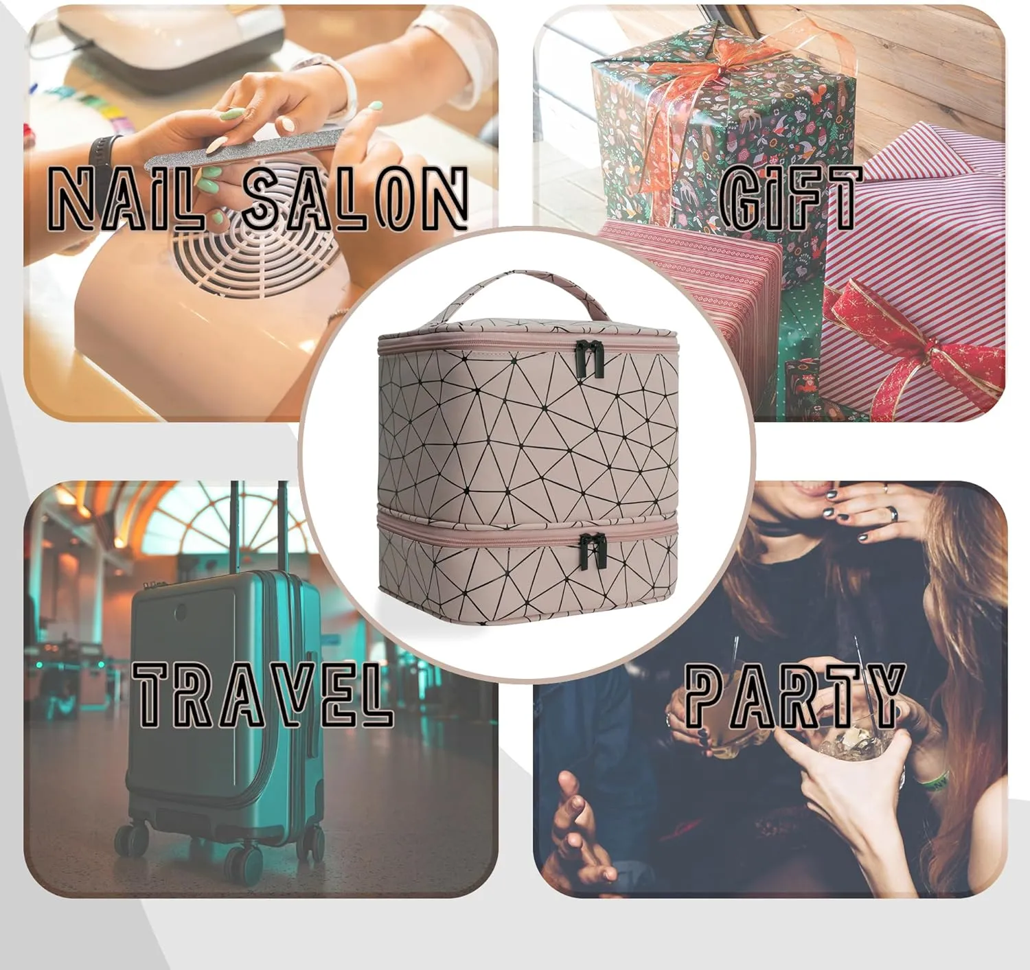 Nail Polish Organizer Bag, PU Leather Organizer for 30  Bottles (15ml/0.5fl.oz) and Nail Lamp, Double-Layer Nail Stuff Carrying Bag (Pink, 30-Bottles)