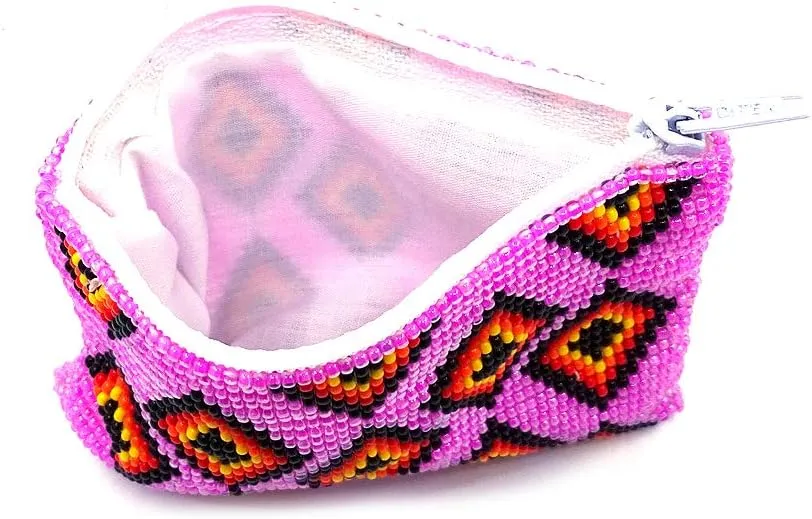 Native American Inspired Multi Diamond Pattern Czech Glass Seed Beaded Coin Purse Zipper Pouch - Womens Fashion Handmade Bags Tribal Accessories (Pink)