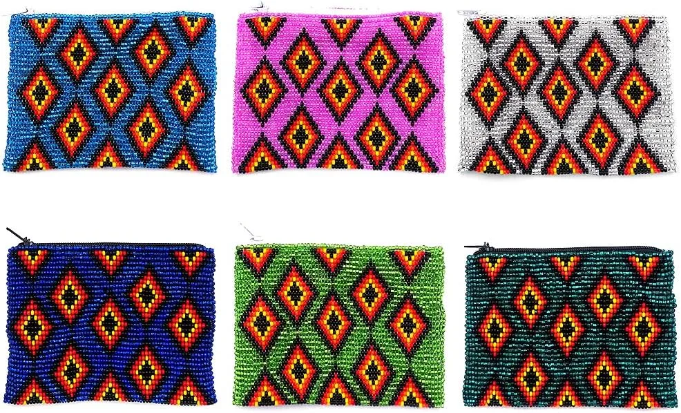 Native American Inspired Multi Diamond Pattern Czech Glass Seed Beaded Coin Purse Zipper Pouch - Womens Fashion Handmade Bags Tribal Accessories (Pink)