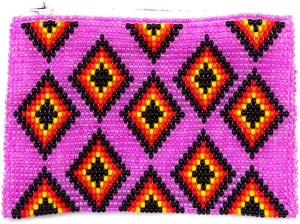 Native American Inspired Multi Diamond Pattern Czech Glass Seed Beaded Coin Purse Zipper Pouch - Womens Fashion Handmade Bags Tribal Accessories (Pink)