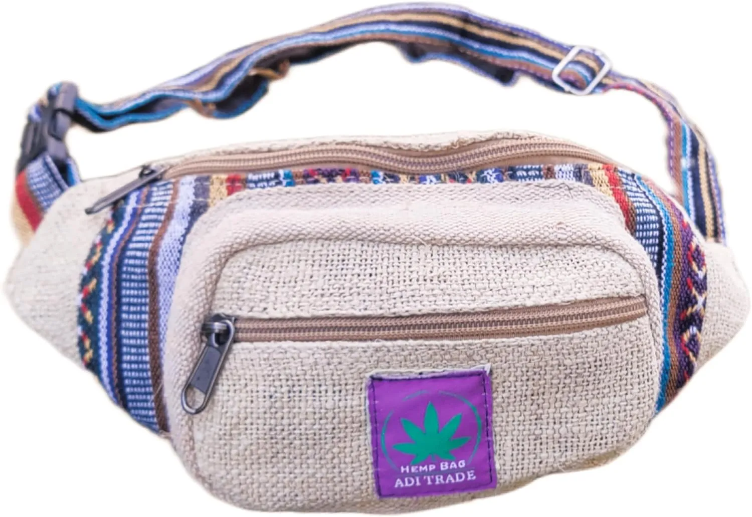 Natural handmade Hemp fanny pack, Adjustable straps for Hiking/Traveling/Walking and multicolored heppie fashion Fanny Pack (Natural mix)
