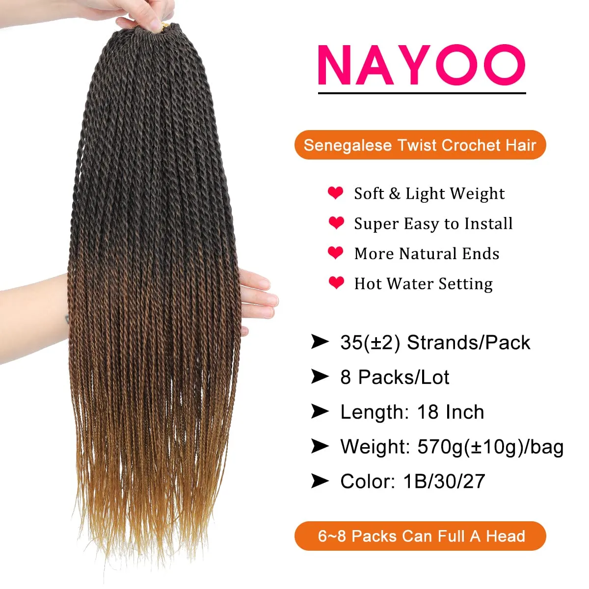 NAYOO Small Crochet Hair Senegalese Twist 18 Inch 8 Packs Ombre Crochet Braids Pre-Looped, 35 Strands/Pack Crochet Twist Hot Water Setting, Ombre Senegalese Twist Crochet Hair for Black Women