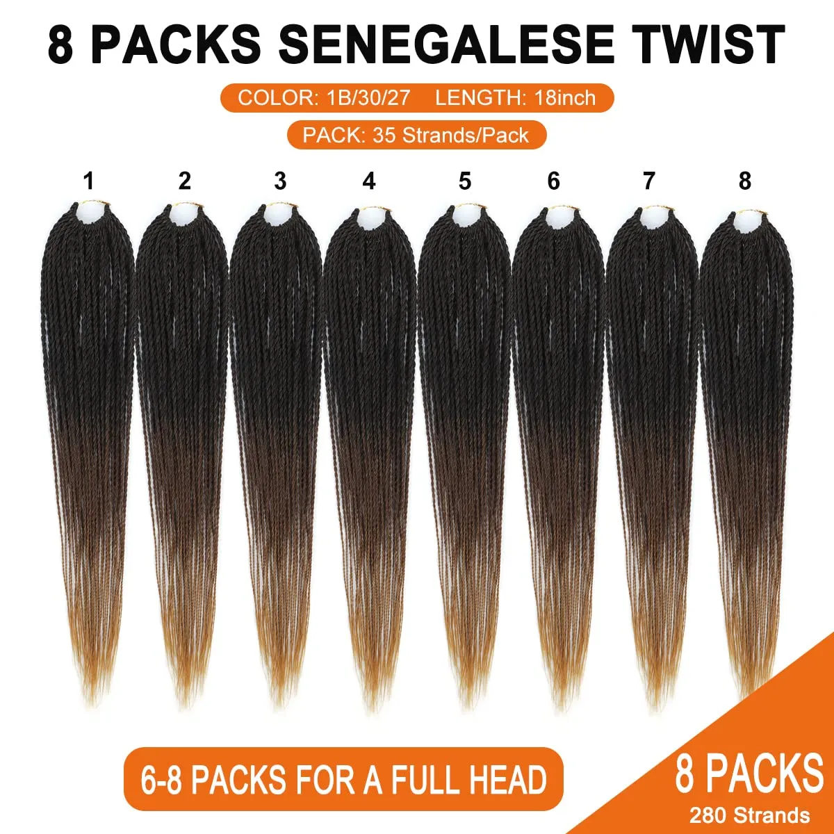 NAYOO Small Crochet Hair Senegalese Twist 18 Inch 8 Packs Ombre Crochet Braids Pre-Looped, 35 Strands/Pack Crochet Twist Hot Water Setting, Ombre Senegalese Twist Crochet Hair for Black Women