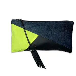 Neon Prism Clutch Bag, Upcycled Denim   Leather, Handmade
