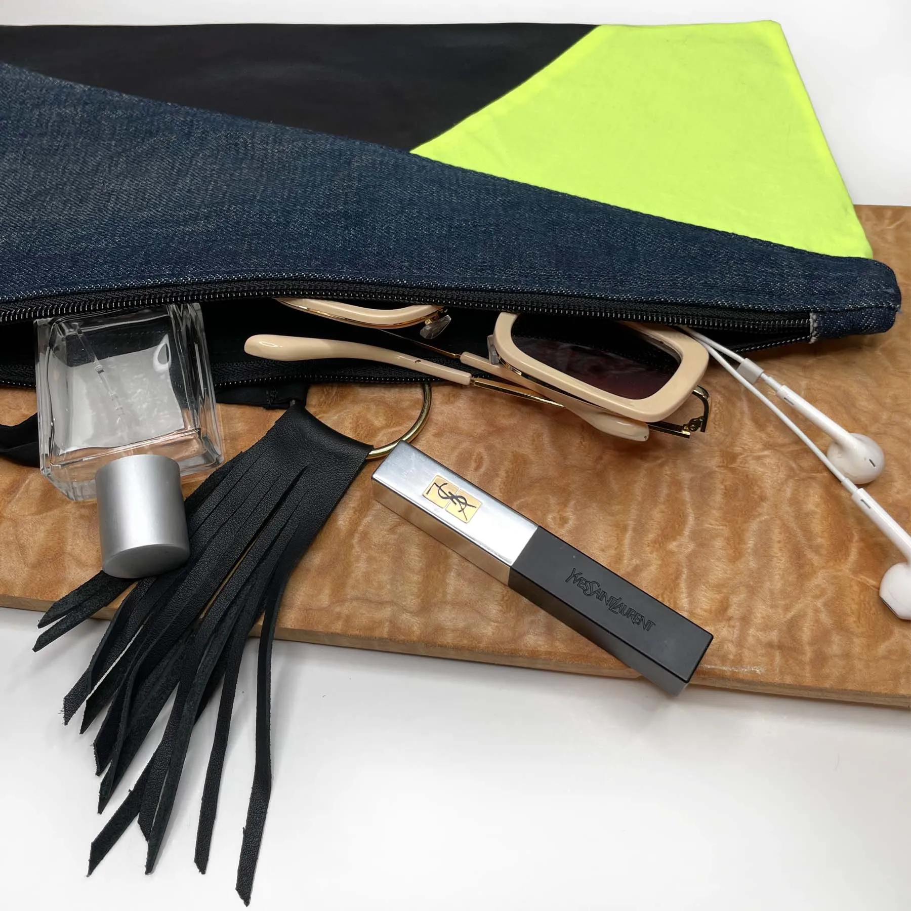 Neon Prism Clutch Bag, Upcycled Denim   Leather, Handmade