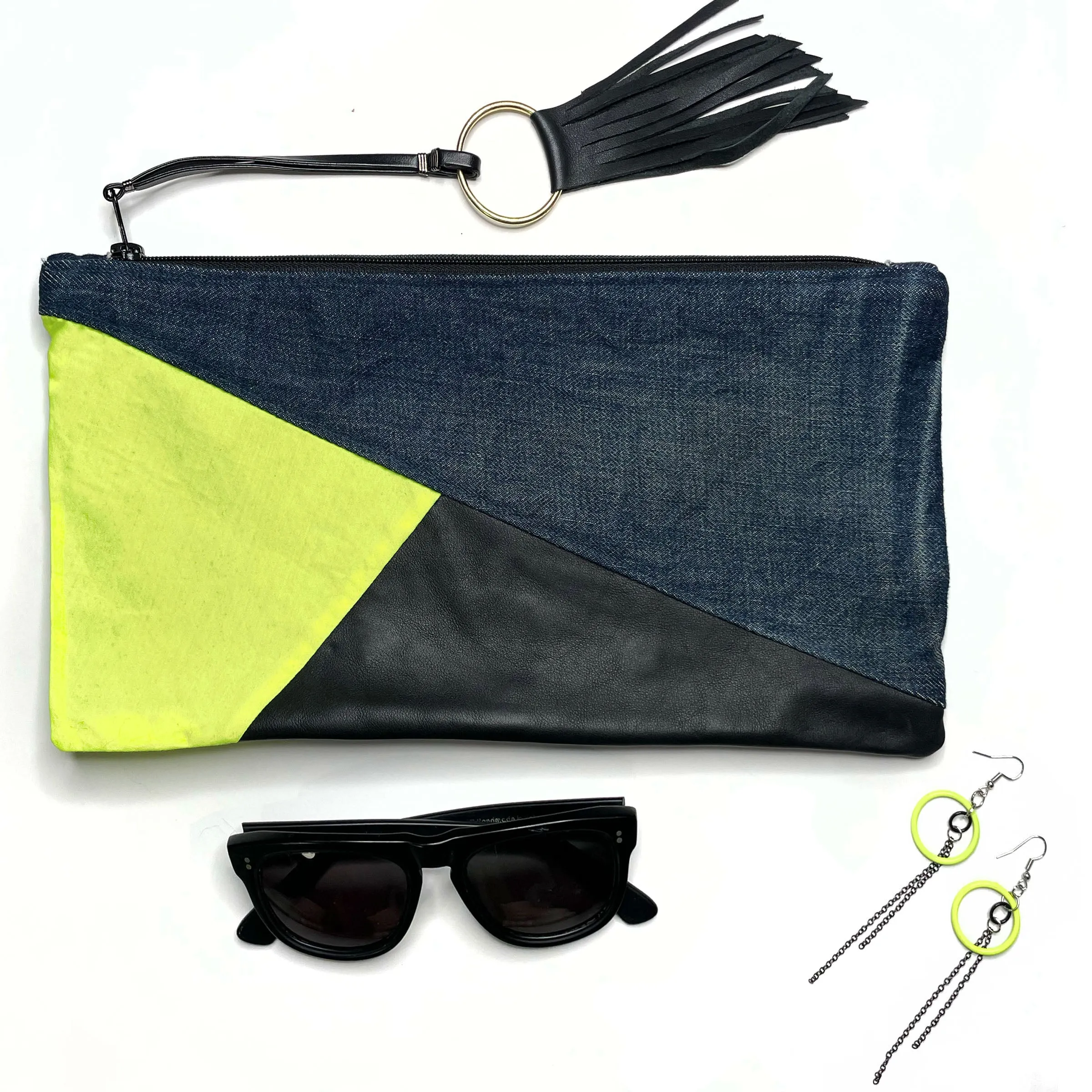 Neon Prism Clutch Bag, Upcycled Denim   Leather, Handmade