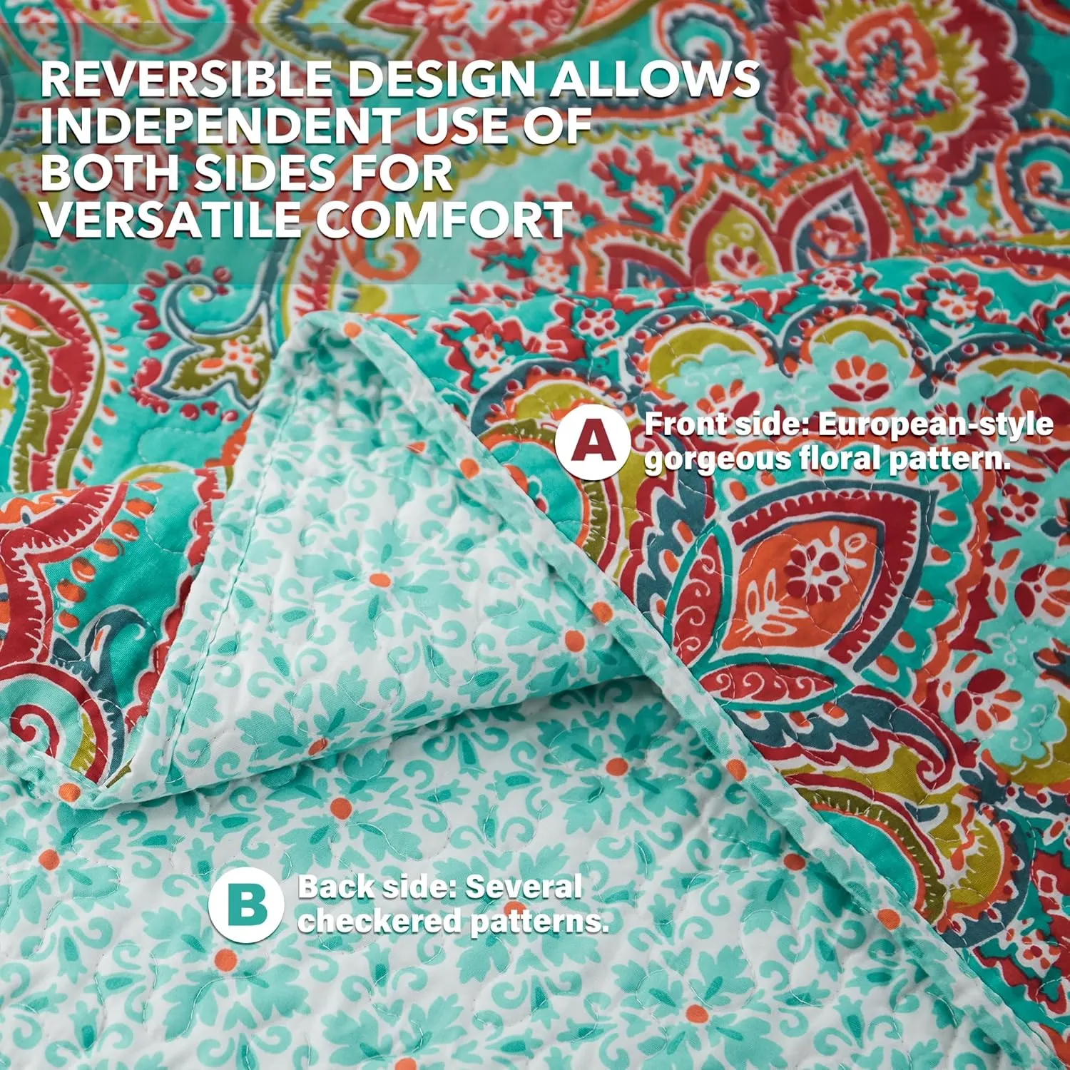 NEWLAKE Cotton Bedspread Quilt Sets-Reversible Patchwork Coverlet Set, European Gorgeous Floral Pattern, Queen Size