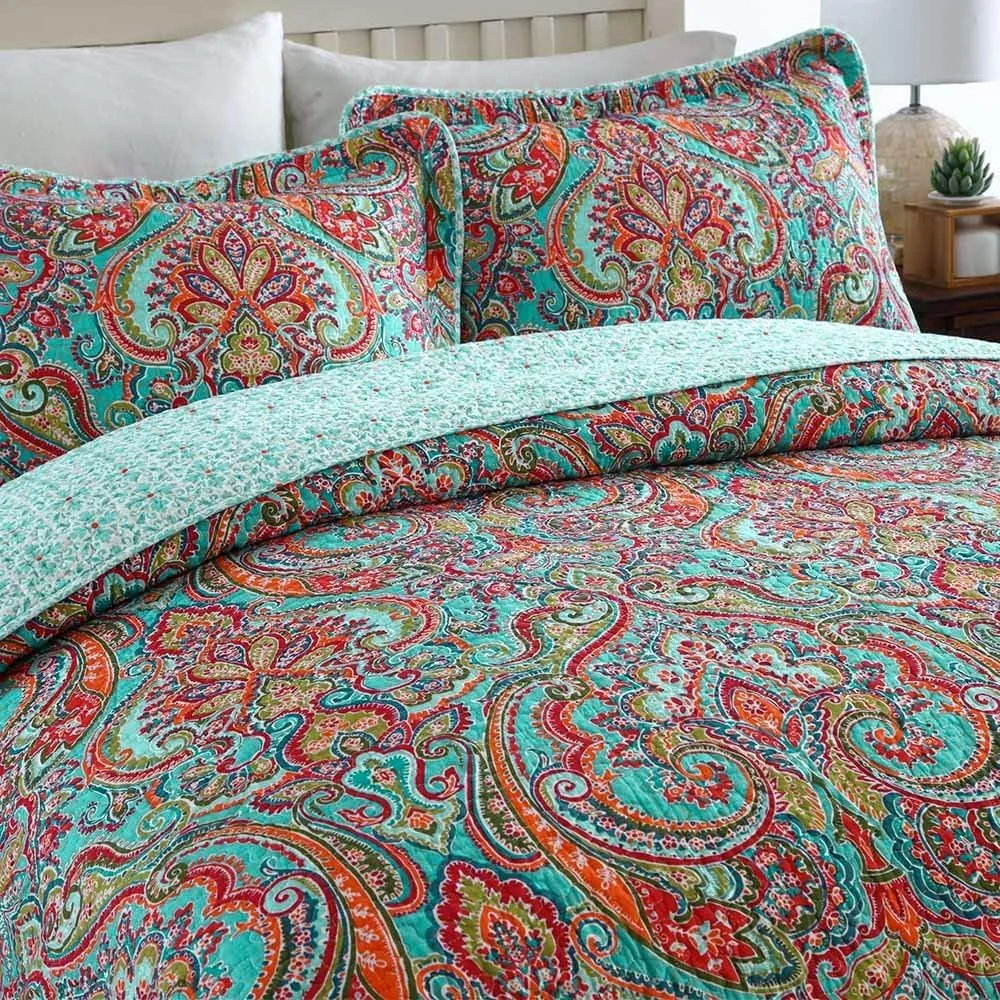 NEWLAKE Cotton Bedspread Quilt Sets-Reversible Patchwork Coverlet Set, European Gorgeous Floral Pattern, Queen Size