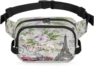 Newspaper Car Pylon Butterfly Waterproof Fanny Pack for Women Men Adjustable Waist Bag with Double Zipper Pockets Lightweight Square Hip Pack for Running Travel Hiking Workout Cycling