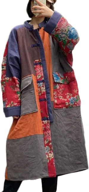 NFYM Women's Trench Coat Floral Print Long Jacket Cotton Linen Vintage Patchwork Outwear Thin Cotton Quilted