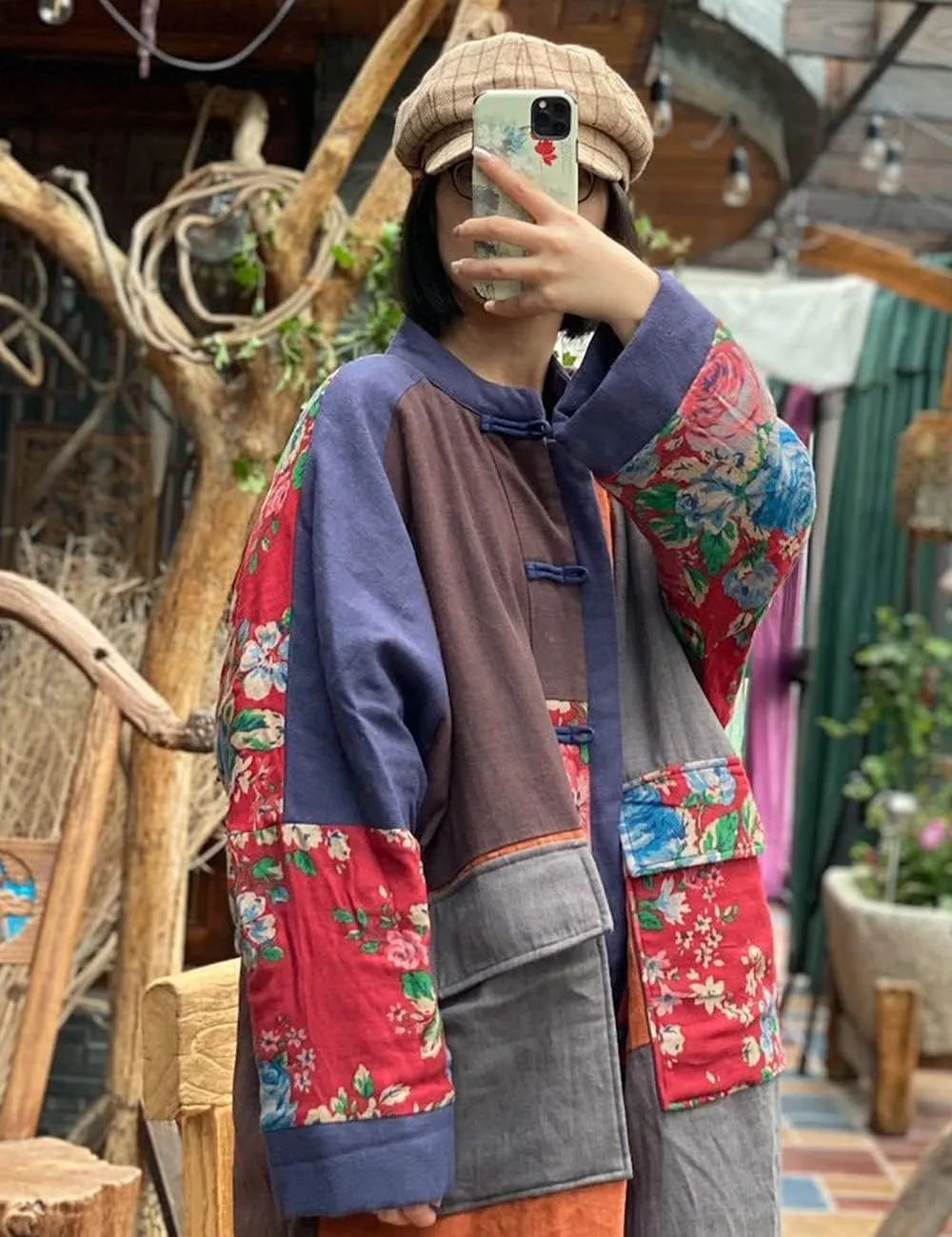 NFYM Women's Trench Coat Floral Print Long Jacket Cotton Linen Vintage Patchwork Outwear Thin Cotton Quilted