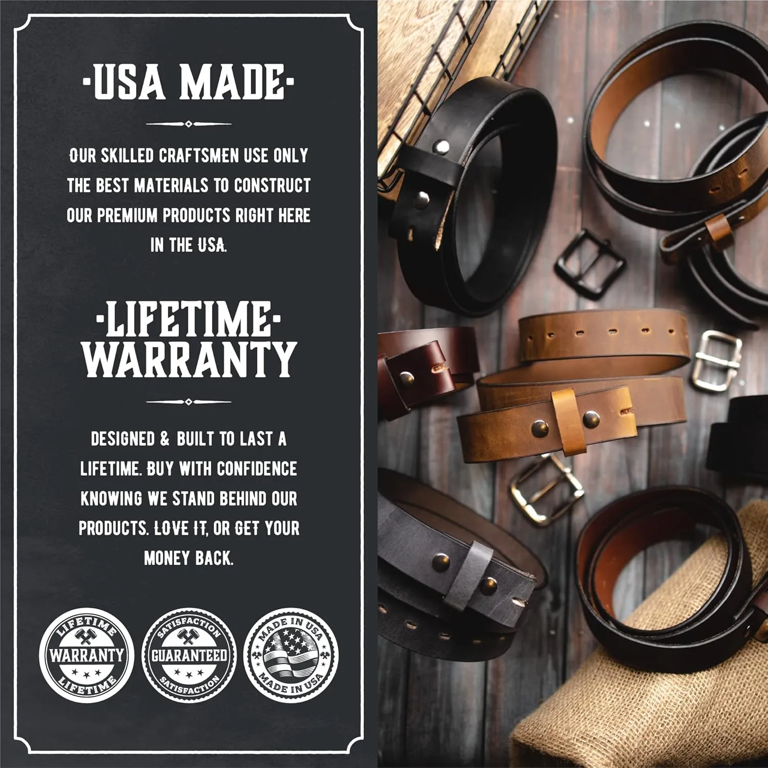 No Buckle Belt | Made in USA Mens Cowboy Belt | 1 1/2" Leather Belt Strap with Snaps