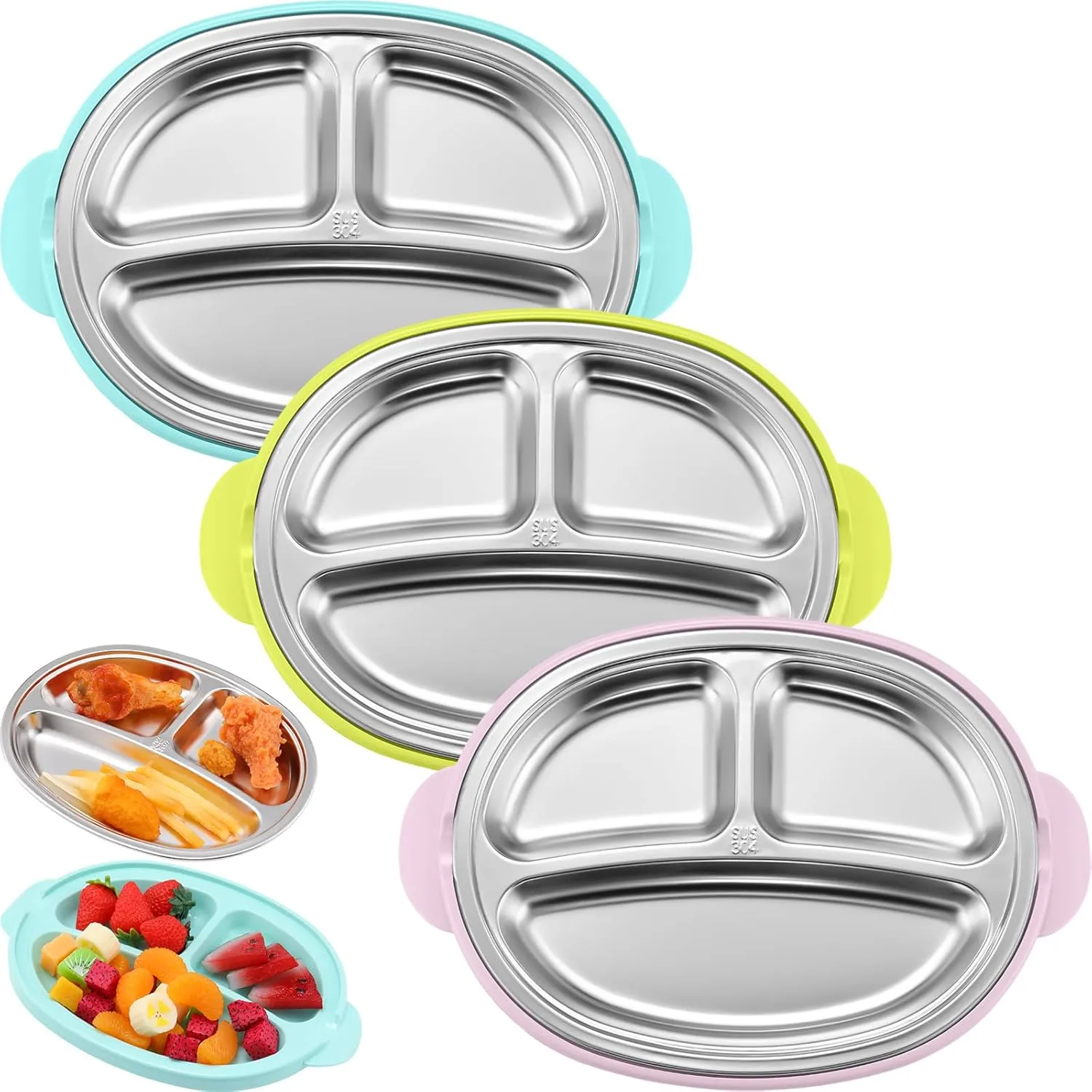 Nuogo 3 Packs Stainless Steel Kids Plates 3 Sections 304 Stainless Steel Dinner Metal Divided Plates with Anti-scalding Plastic Base,Without Suction, Unbreakable Dishwasher Safe