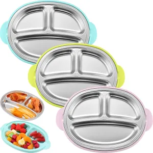 Nuogo 3 Packs Stainless Steel Kids Plates 3 Sections 304 Stainless Steel Dinner Metal Divided Plates with Anti-scalding Plastic Base,Without Suction, Unbreakable Dishwasher Safe