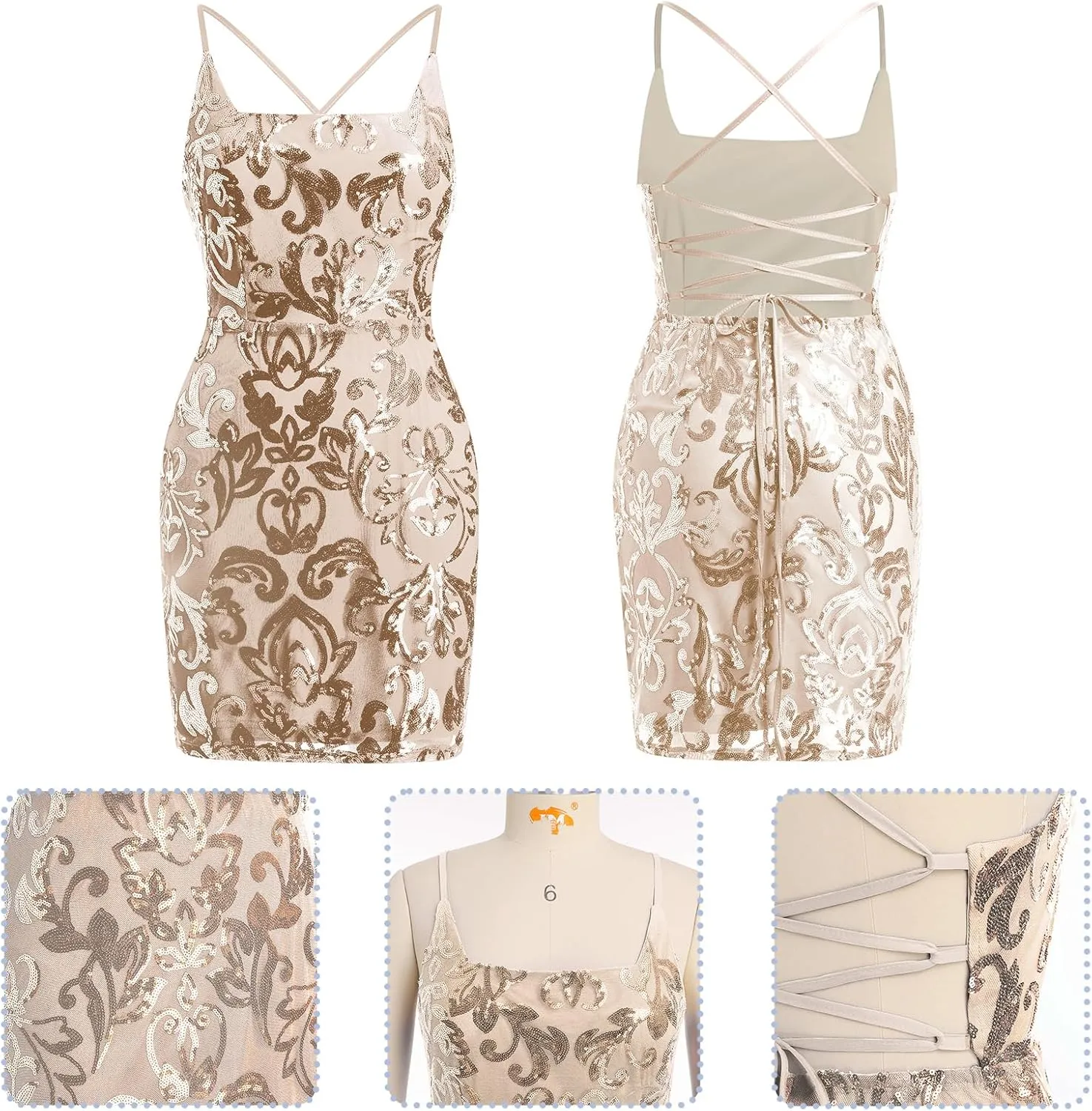OBEEII Women's Sequins Bodycon Mini Dress Spaghetti Straps Floral Glitter Party Dress Night Club Teen Homecoming Dress
