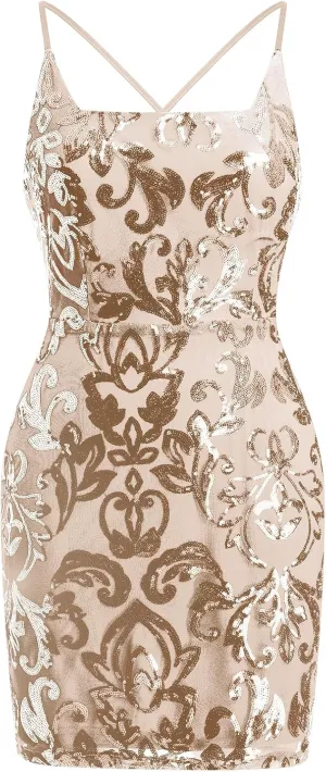 OBEEII Women's Sequins Bodycon Mini Dress Spaghetti Straps Floral Glitter Party Dress Night Club Teen Homecoming Dress