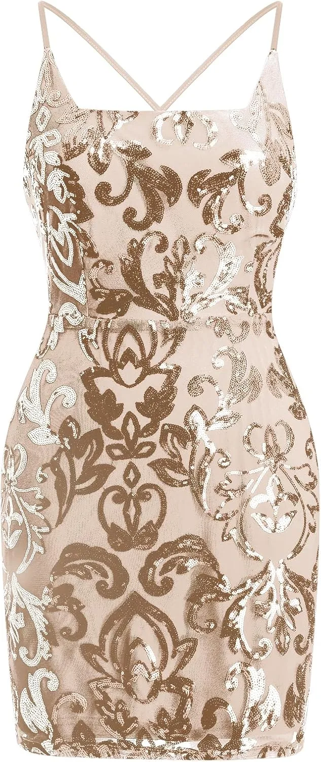OBEEII Women's Sequins Bodycon Mini Dress Spaghetti Straps Floral Glitter Party Dress Night Club Teen Homecoming Dress