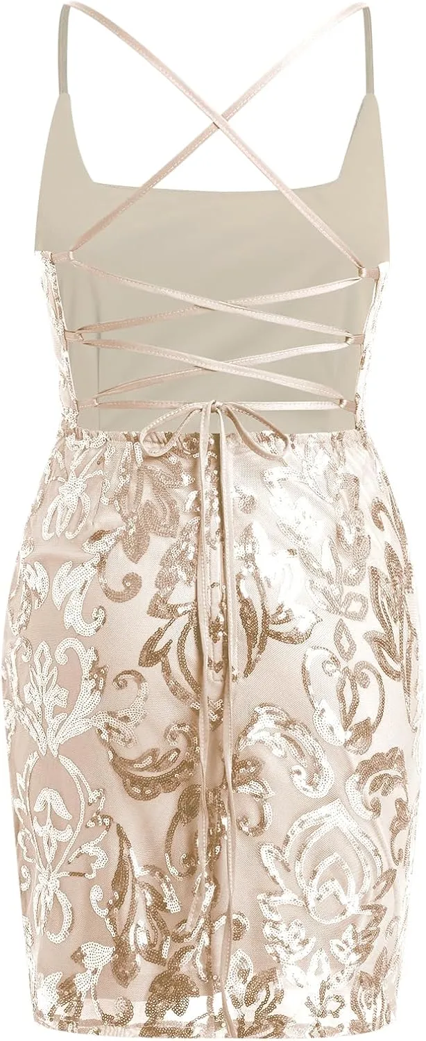 OBEEII Women's Sequins Bodycon Mini Dress Spaghetti Straps Floral Glitter Party Dress Night Club Teen Homecoming Dress