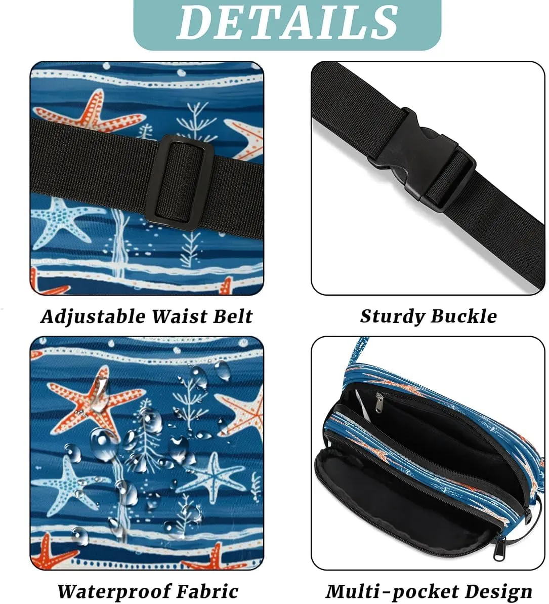 Ocean Starfish Men's and Women's Waist Pack Crossbody Starfish Shellfish Waist Pack Running Strap, Adjustable Shoulder Strap - For Hiking and Running Exercise Fitness