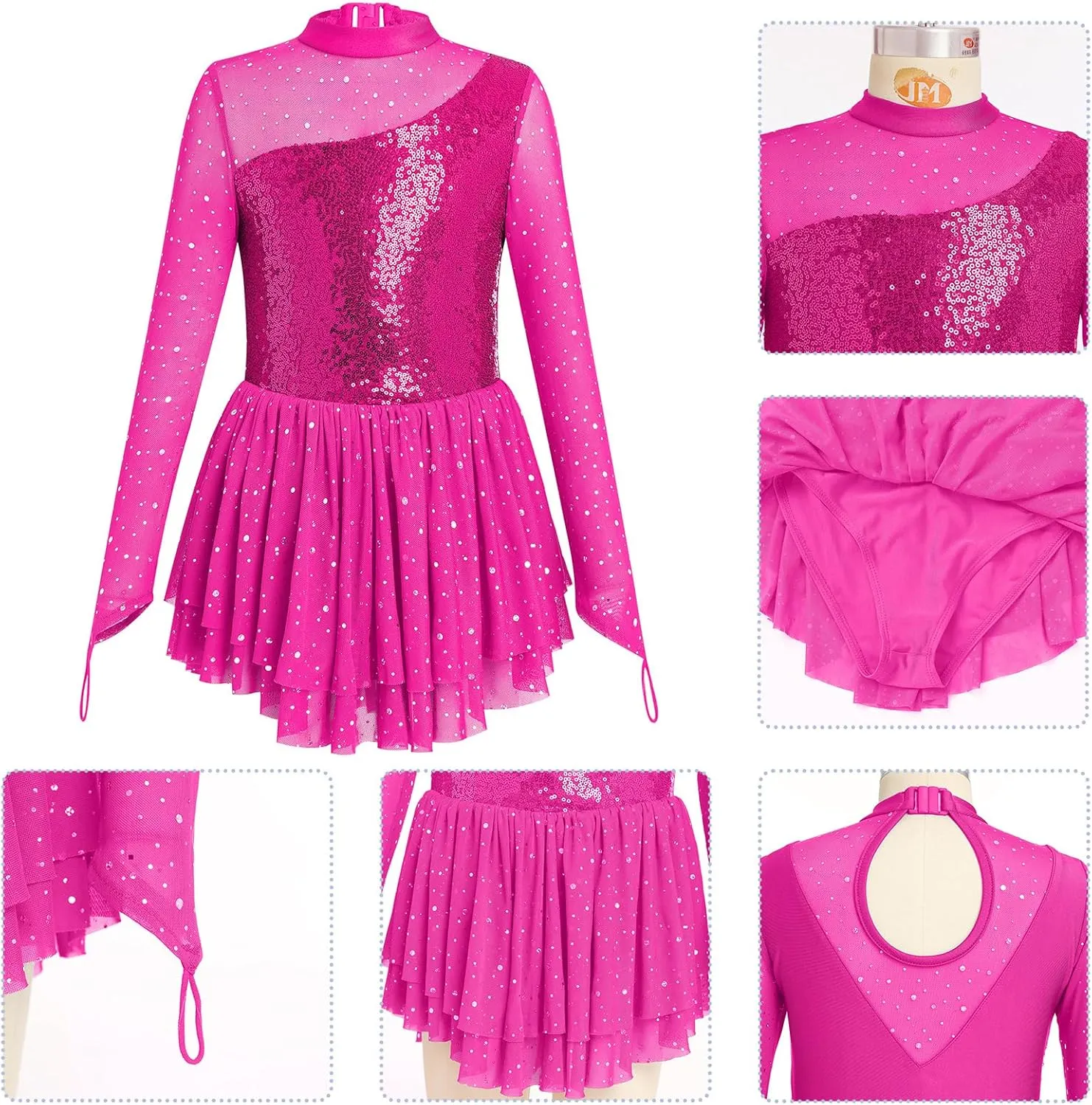 ODASDO Figure Skating Dress for Girls Mesh Long Sleeve Sparkly Sequin Skirted Leotard Ballet Outfit Dancewear