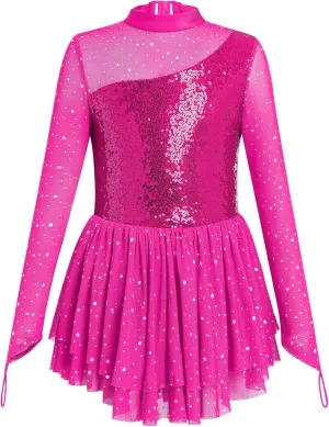 ODASDO Figure Skating Dress for Girls Mesh Long Sleeve Sparkly Sequin Skirted Leotard Ballet Outfit Dancewear