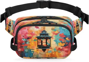 Oil Lamp Autumn Leaves Men's and Women's Waist Pack Crossbody Mexican Elements Waist Pack Running Strap, Adjustable Shoulder Strap - For Hiking and Running Exercise Fitness