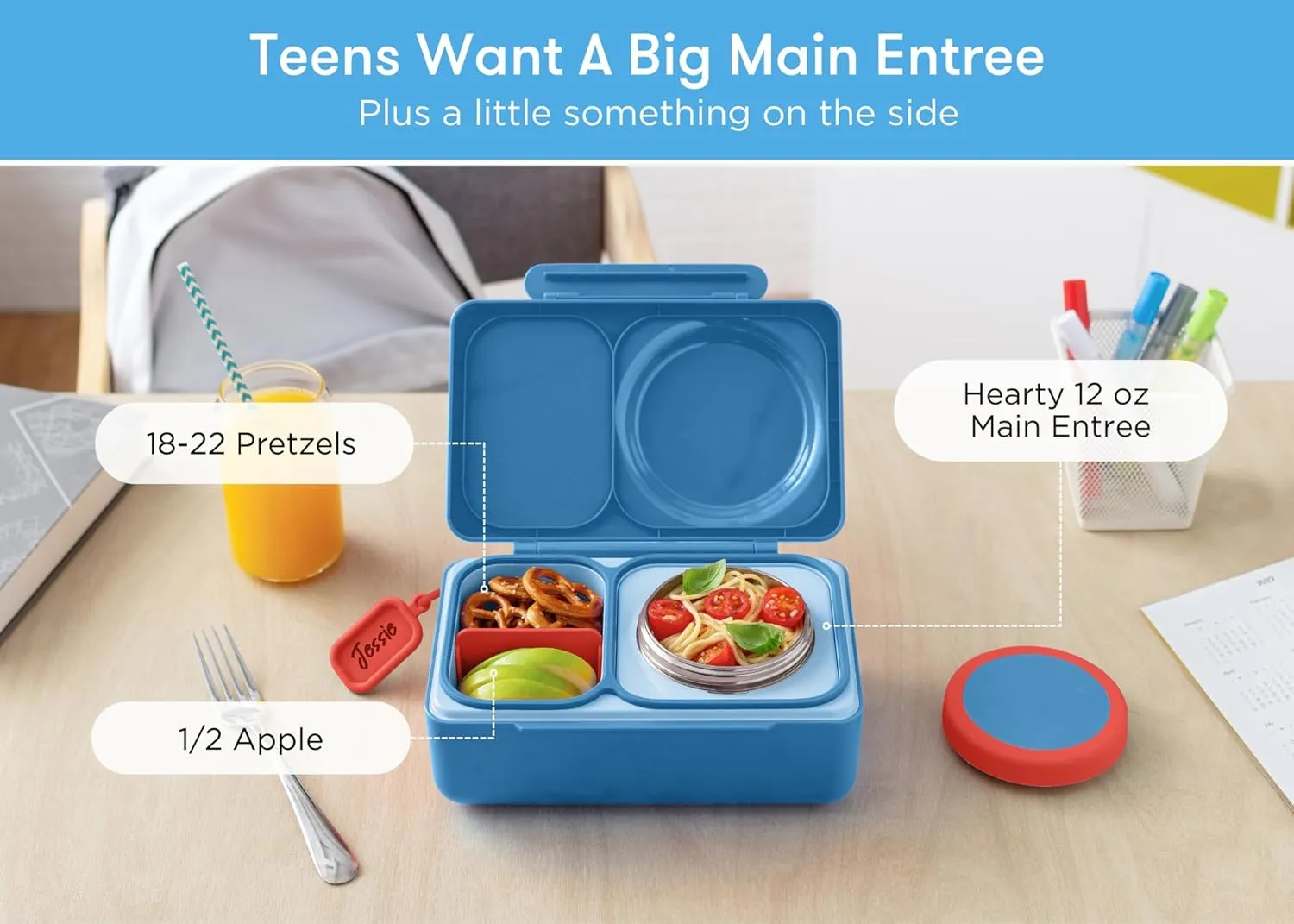 Omie OmieBox UP bento box for kids | Insulated lunch box | Leak proof thermos food jar | Cooler ice pack | 2 Compartments (Cosmic Blue), 12 Ounces