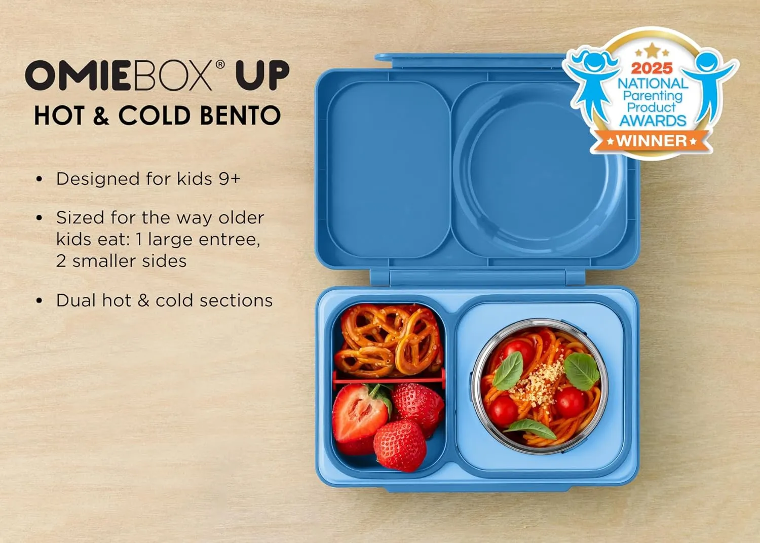 Omie OmieBox UP bento box for kids | Insulated lunch box | Leak proof thermos food jar | Cooler ice pack | 2 Compartments (Cosmic Blue), 12 Ounces