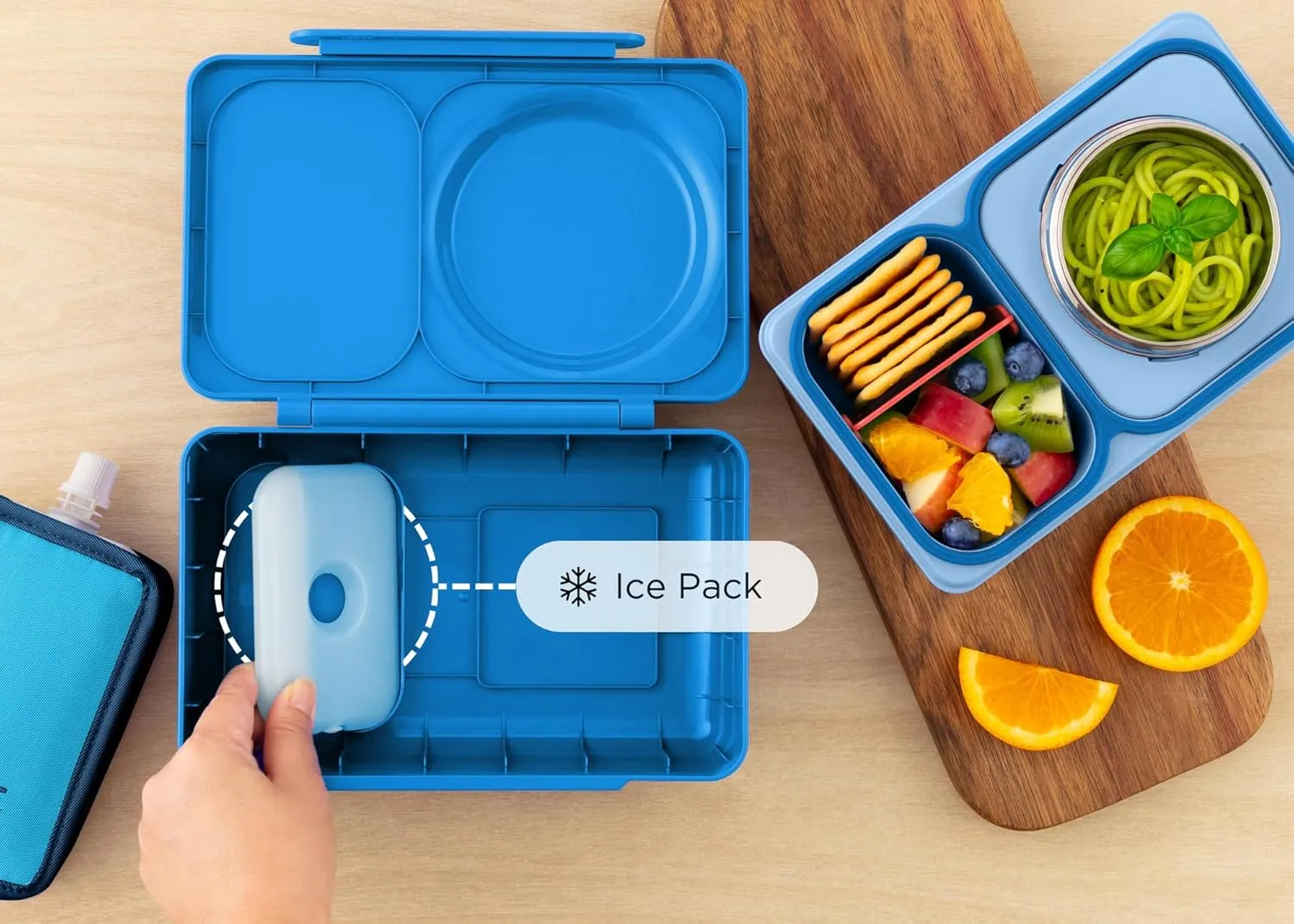 Omie OmieBox UP bento box for kids | Insulated lunch box | Leak proof thermos food jar | Cooler ice pack | 2 Compartments (Cosmic Blue), 12 Ounces