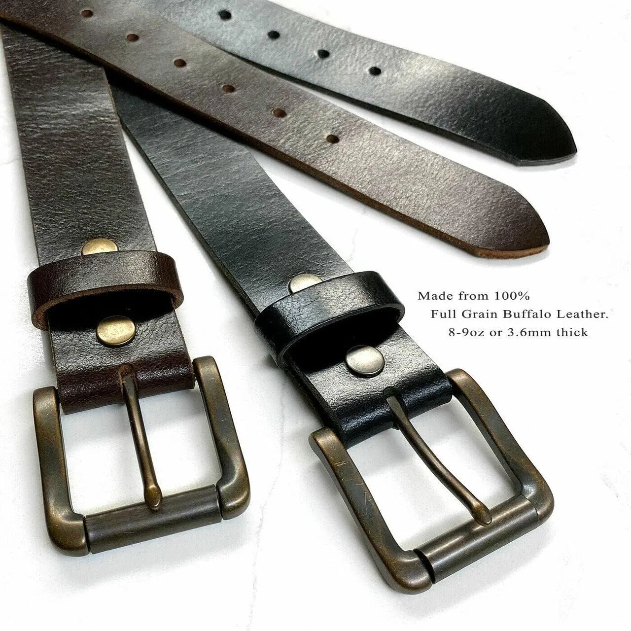 One Piece Full Grain Buffalo/Oil Tanned Leather Replacement Belt Strap or Belt with Buckle 1-1/2" (38mm) wide