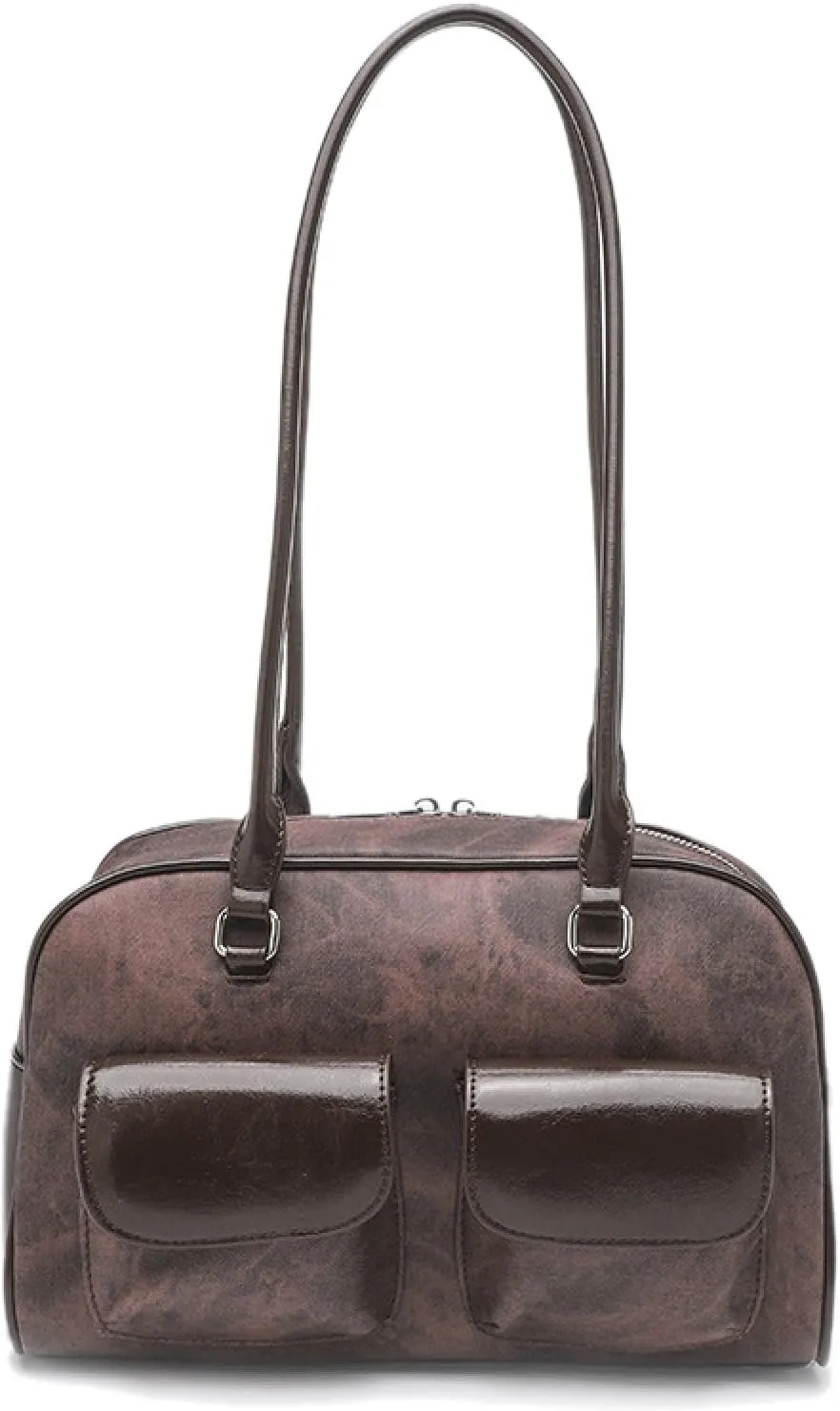 One Shoulder Armpit Wrapped in Oiled Wax Leather Bag, Double Pocket Casual Handbag