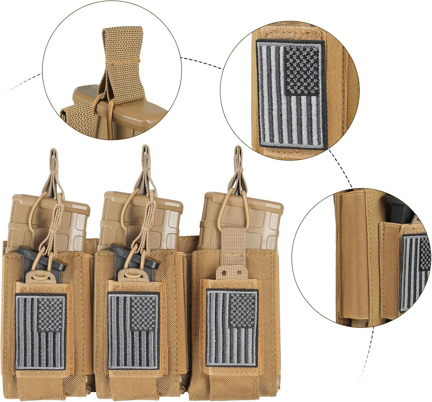 Open-Top Single/Double/Triple Molle Mag Pouch for 5.56mm M4 M16 AK AR Glock M1911 9mm Elastic Rifle Magazines Pistol Mag Pouches Holder Carrier with USA Flag Patch