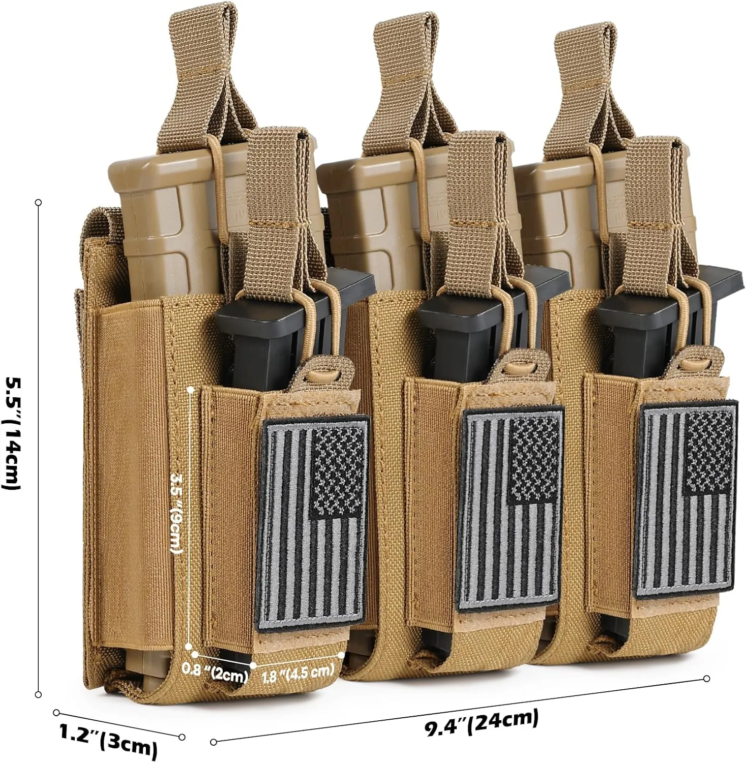 Open-Top Single/Double/Triple Molle Mag Pouch for 5.56mm M4 M16 AK AR Glock M1911 9mm Elastic Rifle Magazines Pistol Mag Pouches Holder Carrier with USA Flag Patch