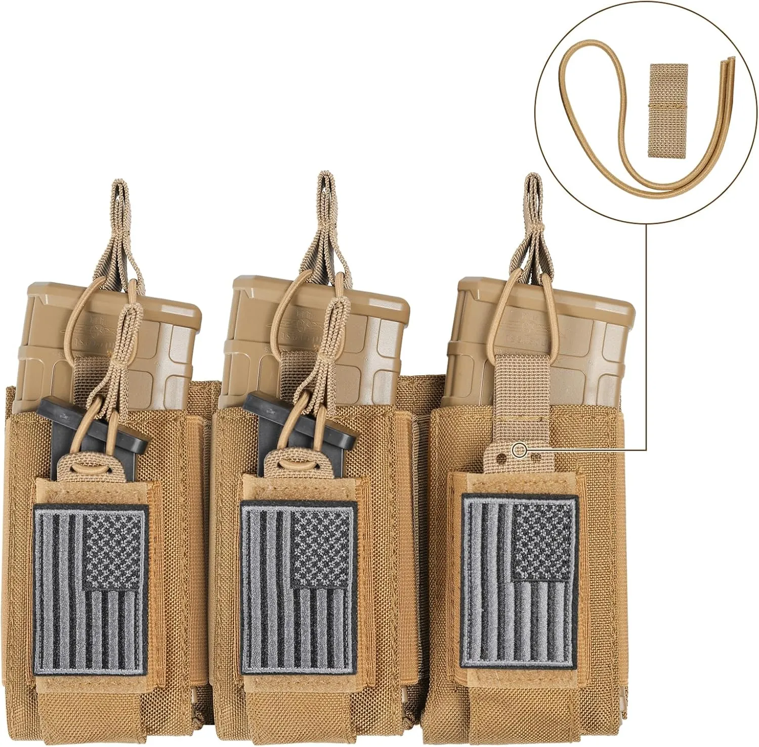 Open-Top Single/Double/Triple Molle Mag Pouch for 5.56mm M4 M16 AK AR Glock M1911 9mm Elastic Rifle Magazines Pistol Mag Pouches Holder Carrier with USA Flag Patch