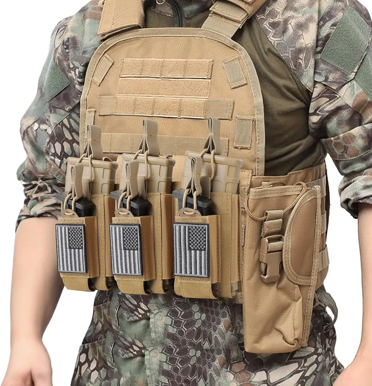 Open-Top Single/Double/Triple Molle Mag Pouch for 5.56mm M4 M16 AK AR Glock M1911 9mm Elastic Rifle Magazines Pistol Mag Pouches Holder Carrier with USA Flag Patch