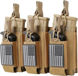 Open-Top Single/Double/Triple Molle Mag Pouch for 5.56mm M4 M16 AK AR Glock M1911 9mm Elastic Rifle Magazines Pistol Mag Pouches Holder Carrier with USA Flag Patch