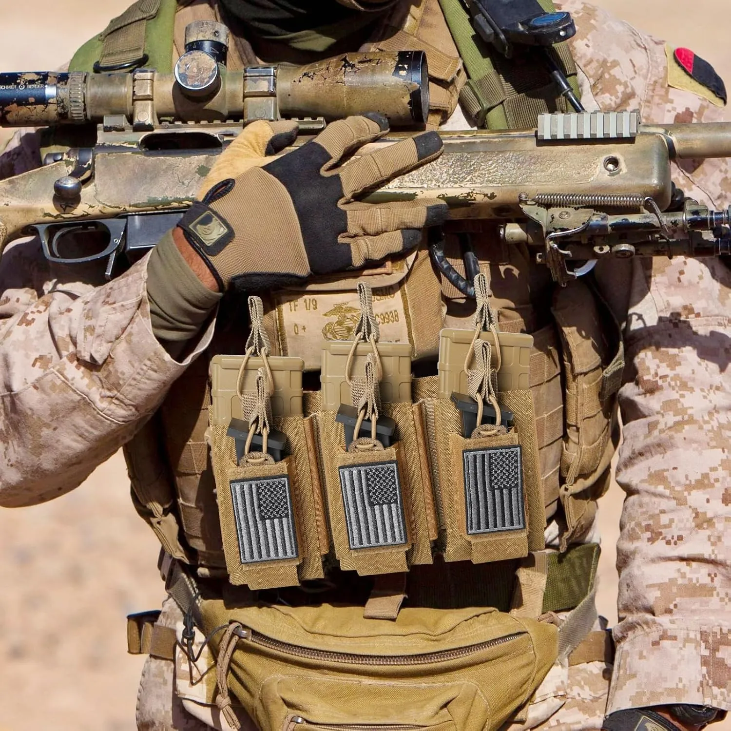 Open-Top Single/Double/Triple Molle Mag Pouch for 5.56mm M4 M16 AK AR Glock M1911 9mm Elastic Rifle Magazines Pistol Mag Pouches Holder Carrier with USA Flag Patch