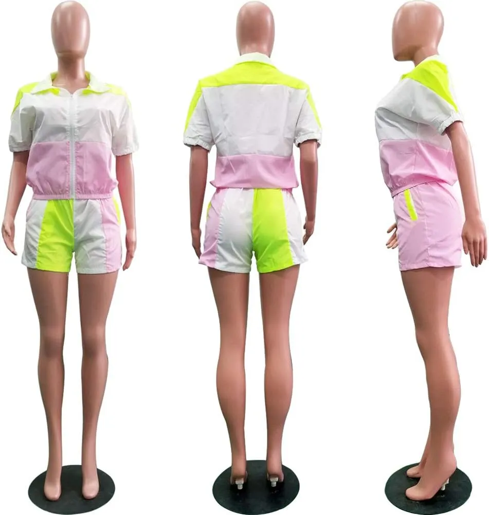 Ophestin Womens Casual 2 Piece Outfits Patchwork Half Sleeve Jacket Shorts Sets