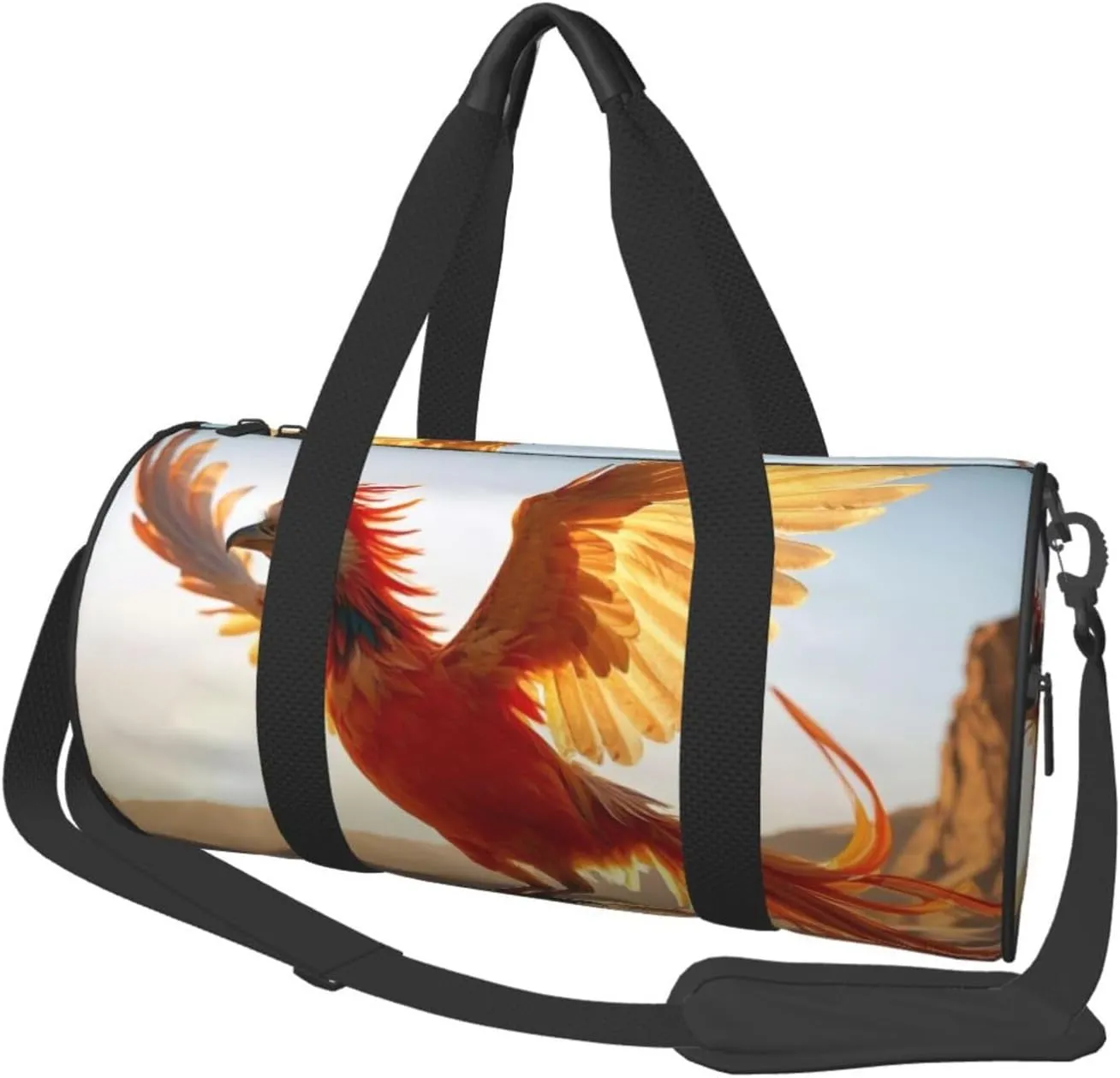 Orange Red Phoenix Print Round Large Capacity Travel Luggage Bags,Men's and Women's Hand-Held Travel Clothing Bags