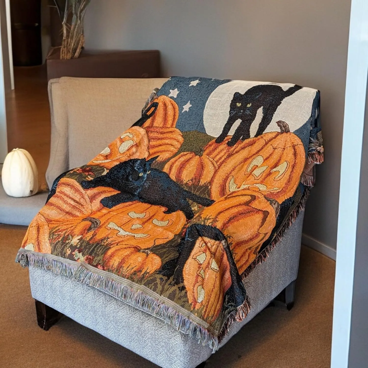 Original Halloween Pumpkin Black Cat Theme Blanket Throw Halloween Decor for All Seasons (Full)