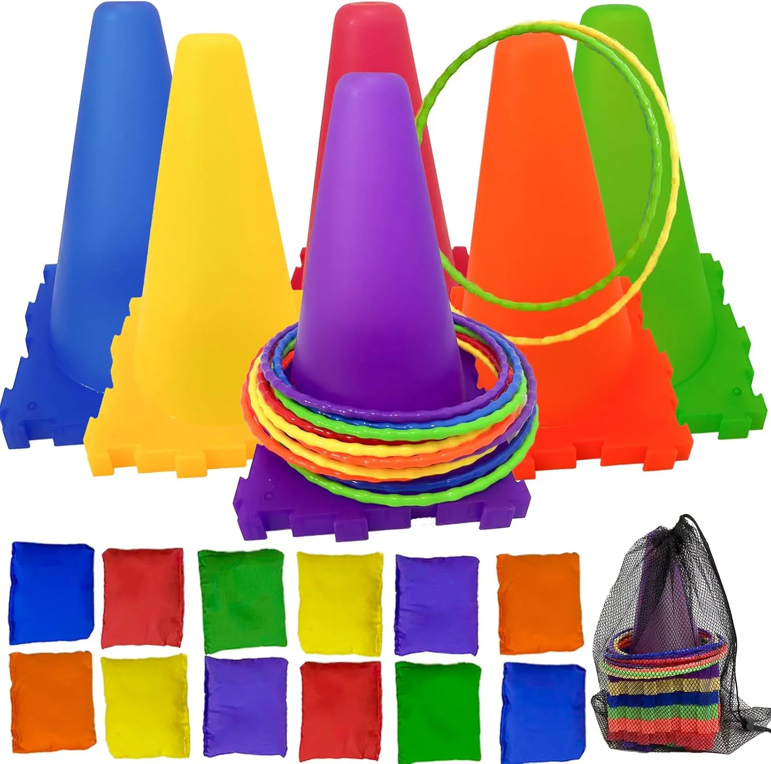 Outdoor Toys for Kids Ages 4-8 Cones Bead Bags Tossing Rings Games Ring Toss Party Carnival Backyard Games for Kids Obstacle Course for Kids Toddler Outdoor Toys for Toddlers 3-5