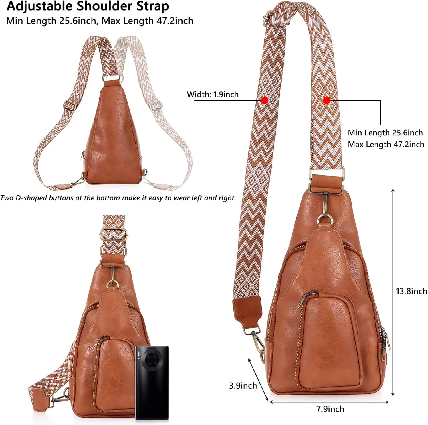 Ovida Sling Bag for Women PU Leather Crossbody Fanny Packs Sling Chest Bag Purse with Adjustable Guitar Strap for Travel
