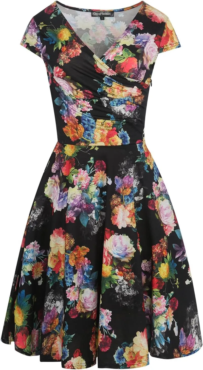 oxiuly Women's Casual Dresses Criss-Cross V-Neck Floral Flare Midi Summer Dress OX233