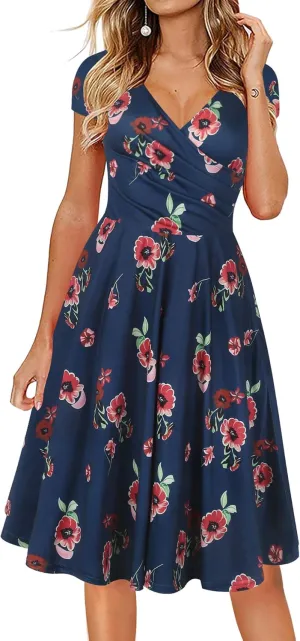 oxiuly Women's Casual Dresses Criss-Cross V-Neck Floral Flare Midi Summer Dress OX233
